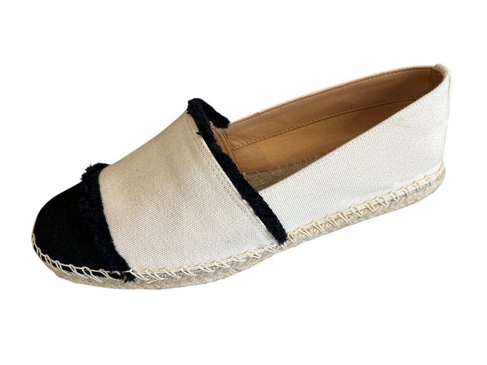 Schutz Ohanna Flat Slip on Espadrille Shoes Cream Black Colorblock 7.5
